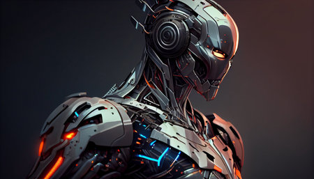 3d rendering robot cyborg with red neon lights on dark backgroundの素材