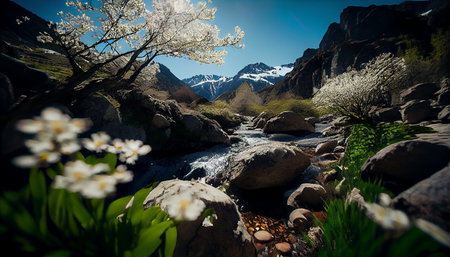Beautiful spring landscape with mountain river and white flowers in the foregroundの素材