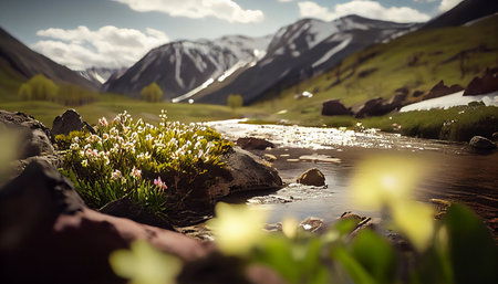 Beautiful spring landscape with mountain river and flowers in the foreground.の素材