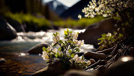 Beautiful white flowers on a rock in the middle of a mountain riverの素材