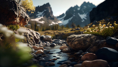 Mountain river in the forest at sunset. 3D Renderingの素材