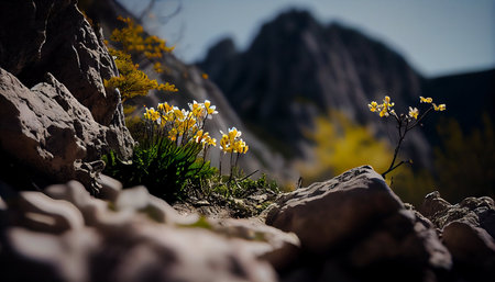Daffodils on the edge of a cliff in the mountainsの素材