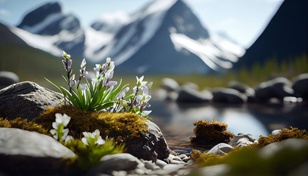 Mountain landscape with snowdrop flowers and moss on the lake shoreの素材