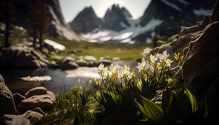 Snowdrop flowers in the alpine meadow with mountains in the backgroundの素材