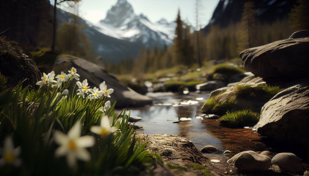 White daffodils on the bank of a mountain river.の素材