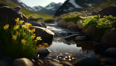Reflection of the mountains in a small mountain stream with stones and flowersの素材