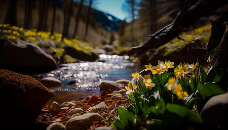 Yellow daffodils in springtime on the bank of a mountain riverの素材