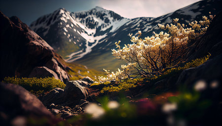 Beautiful spring landscape with blooming flowers in the mountains. Toned.の素材