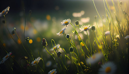 beautiful daisies on a meadow in the rays of the setting sunの素材