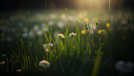 Green grass with daisies at sunset. Beautiful nature background.の素材