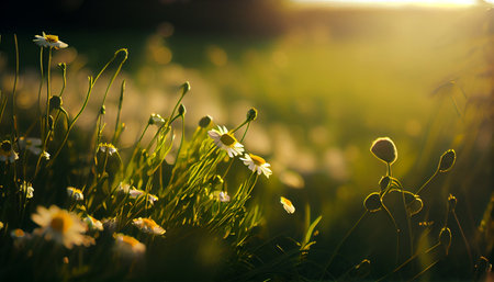 Beautiful meadow with daisies in the rays of the setting sunの素材