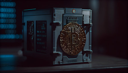 Bitcoin on the safe. Cryptocurrency concept. 3d illustrationの素材