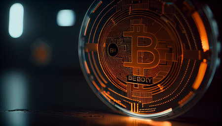 Cryptocurrency coin Bitcoin on the background of the neon lights.の素材