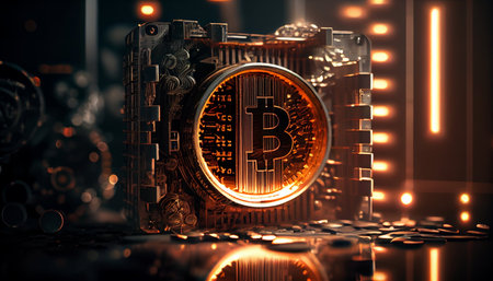 Bitcoin cryptocurrency coin on the background of the motherboard. 3d renderingの素材