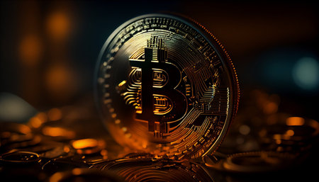 Bitcoin. Cryptocurrency. Digital currency. Golden bitcoin on a dark backgroundの素材