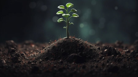 Green seedling growing in soil on dark background. New life conceptの素材