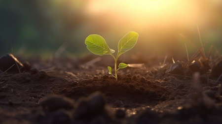 Green seedling growing from seedling to plant in the morning lightの素材