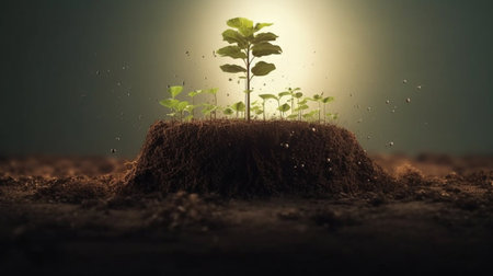 Plant seedling growing in soil. New life concept. 3D renderingの素材