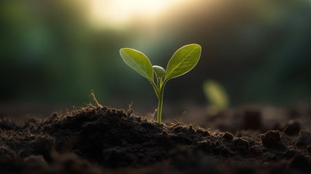 Green seedling illustrating concept of new life in early stage of lifeの素材