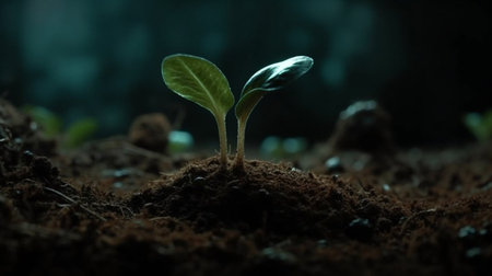 Green seedling illustrating concept of new life in early stage of lifeの素材