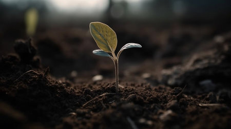 Close up of green seedling growing from soil in the morning.の素材