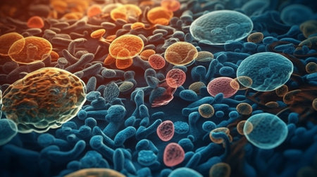 3d illustration of virus cells in blood. Microscopic viewの素材