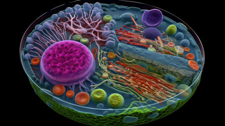 Human egg cell with red blood cells, 3D illustration showing medical conceptの素材