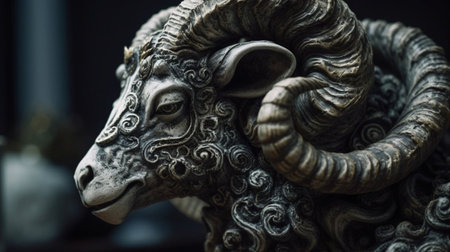 Statue of a ram on a black background, close-upの素材