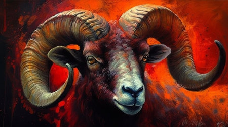 Mouflon head in a red fire background. Digital painting.の素材