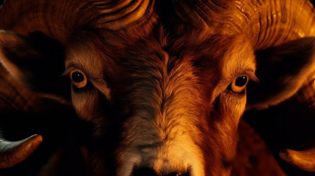 Close-up of a ram's head in the light of the setting sunの素材