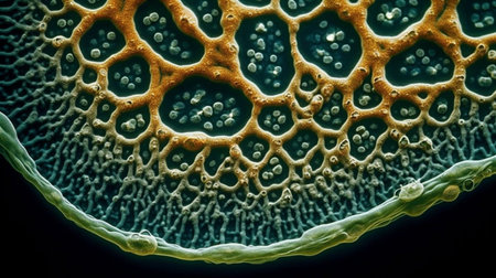 3D illustration of a microscopic view of a human cell under microscope.の素材