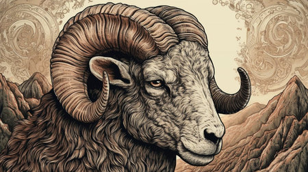 Ram portrait with grunge background. Hand drawn illustration of a ram.の素材