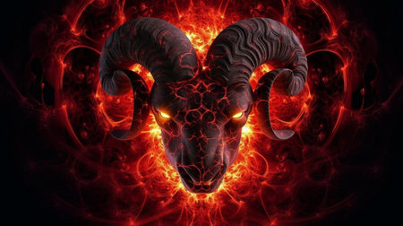 Ram head on fire background. Symbol of ram year. 3d renderingの素材