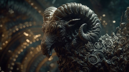3d rendering of a ram statue in a dark space with starsの素材