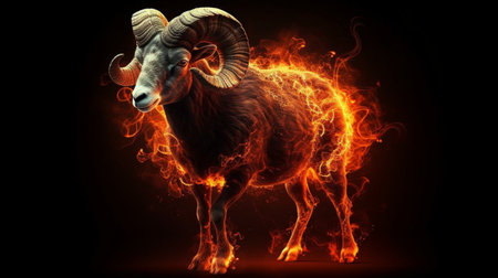 Mouflon in the fire on a black background. 3d renderingの素材
