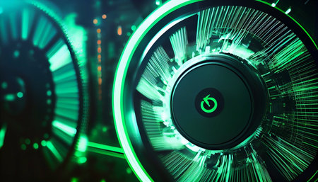 3D rendering of a gearbox in a factory with green lightsの素材