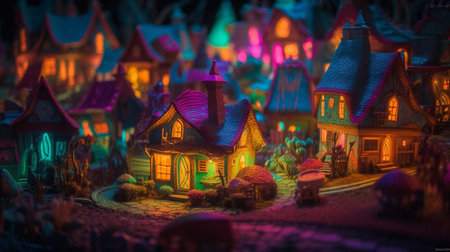 Merry Christmas and Happy New Year concept. Miniature toy city with colorful lights. Selective focusの素材