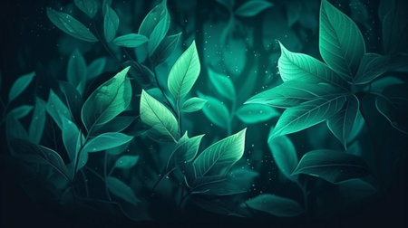 Green leaves background with bokeh effect. 3D illustration.の素材