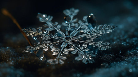 Macro shot of snowflakes on a dark background. Selective focus.の素材