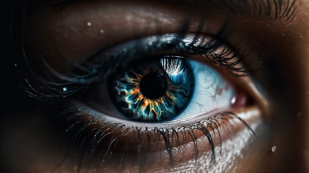 Close up view of beautiful female eye with glowing iris. Vision conceptの素材