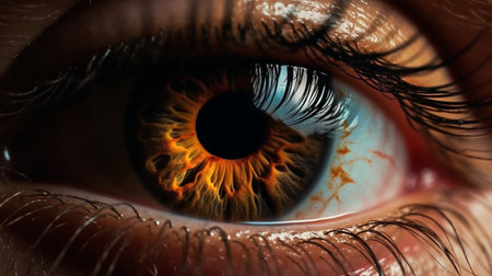 Close-up of human eye with fire in it. 3D rendering. Generative Aiの素材