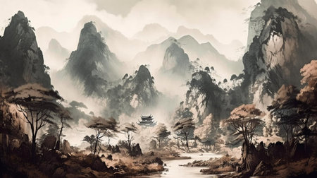 Chinese landscape with mountain and river. Digital painting in Chinese style.の素材
