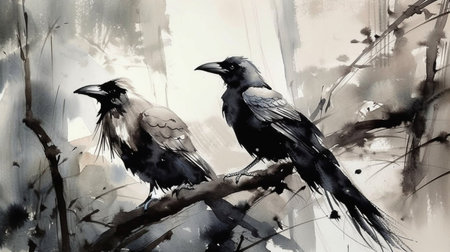Two ravens sitting on a branch. Black and white illustration.の素材