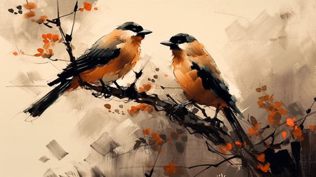 Two birds sitting on a branch of a tree, watercolor paintingの素材