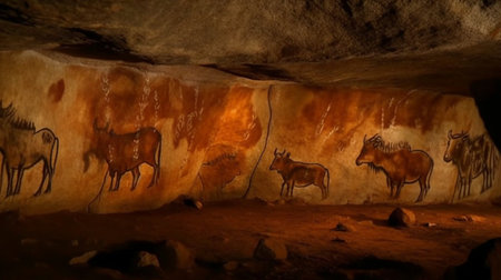 Ancient cave with animals in the form of a painting on the wallの素材
