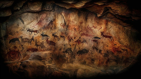 Ancient cave paintings on the wall of the cave. 3d renderingの素材