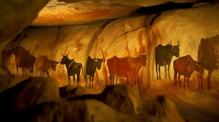 A group of wildebeest in a cave in the Carpathiansの素材