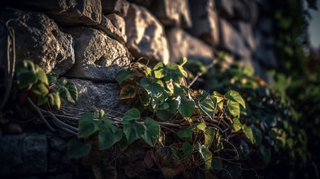 Green ivy growing on a stone wall in a garden. Selective focus.の素材