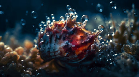 Sea shell with water drops on coral reef. Underwater photography.の素材