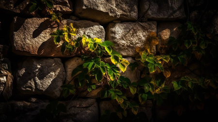 Stone wall background with green leaves and sunlight. Selective focus.の素材